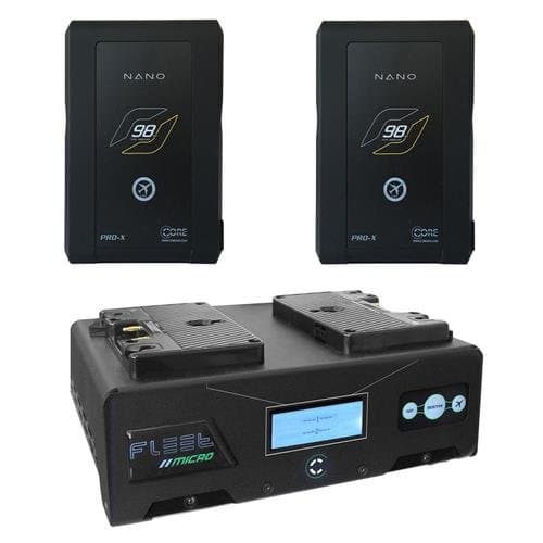 Core SWX Nano 2-Battery Gold Mount Kit with Dual Fleet Micro Charger - Includes 2x Nano 6.6Ah Lithium Ion Gold Mount Battery Brick (98 Wh, 14.8-Volts), Fleet Micro 3A Dual Battery Charger