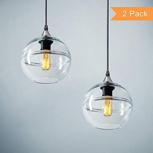 Casamotion Pendant Lighting Handblown Glass Drop Hanging Light, Unique Optic Glass Pendant Lamp, Brushed Nickel Finish, Clear, 7'', 2-Pack