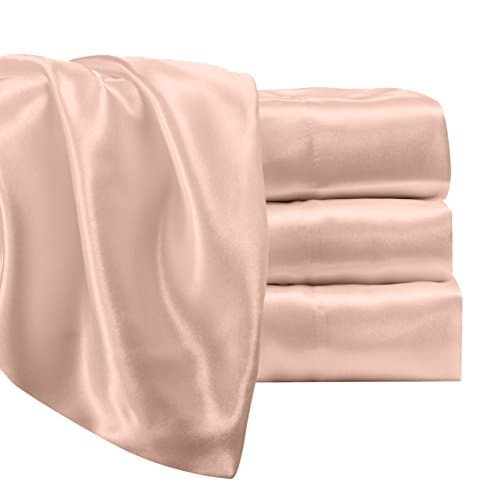 Satin Radiance Luxury Charmeuse Satin Sheet Set with Deep Fitting Pockets, 3 Piece Sheet and Pillowcase Set - Twin XL, Blush Pink
