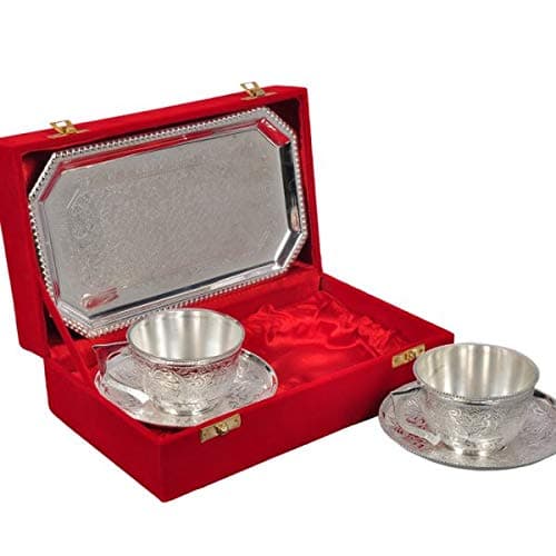 Silver Plated Brass Cup Plate Set From Indian Accent (2 Plate: 2 Cup: 1 Tray)