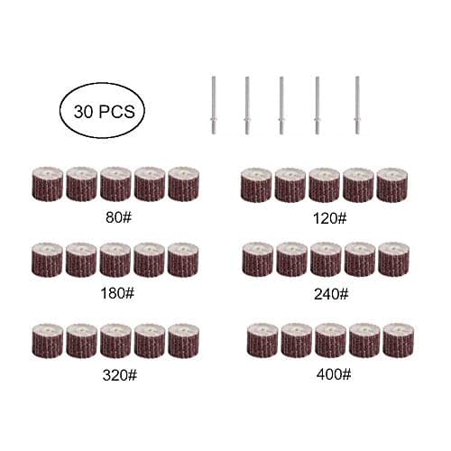 Shank Mounted Flap Wheels With 1/8" Mandrel, 30 Pack 1"x1" Abrasive Flap Drum, Aluminum Oxide Sanding Flap Wheels for Drill, 80/120/180/240/320/400 Grit Abrasive Sanding Wheel Rotary Grinding Tool