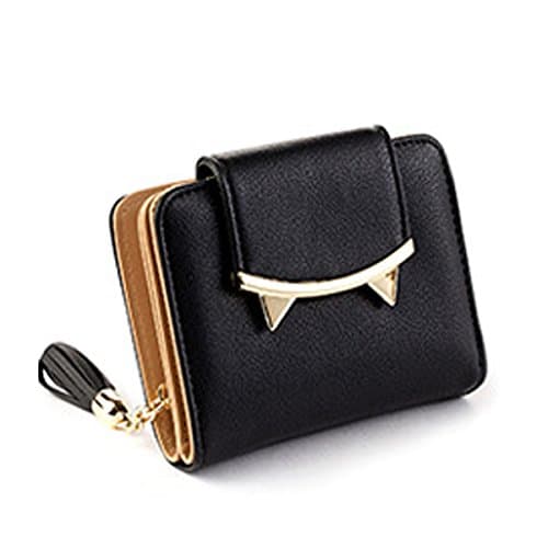 Womens Small Wallets Cute Cat purse Compact Bi-fold Mini Coin Purse PU leather Pocket Wallet Credit Card Holder Case with ID Card Window Slim Wallet Black