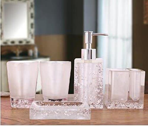 Leop Simple Style Clear Crystal Decorative Five Pieces Bathroom Accessory Set Sanitary Ware Soap Dish Toothbrush Holder Liquid Soap Dispenser Tumbler,Resin,White