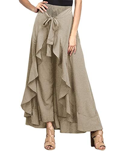 MuCoo Women's Solid Ruffle Wide Leg Tie-Waist Maxi Long Chiffon Palazzo Overlay Pant Skirts