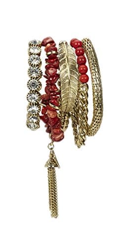 Aris Huge Stack Bohemian Beaded &amp; Charm Stretch Bracelet Bundle: Bangles &amp; Bag (Bohemian Red Goldtone)