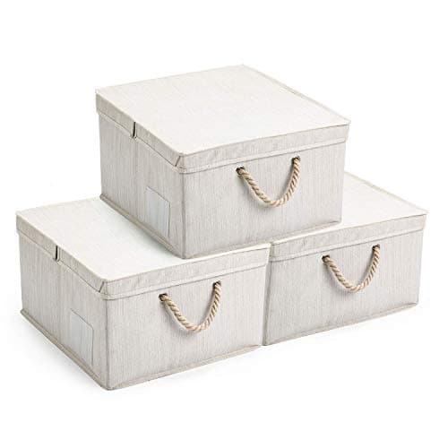 MaidMAX Collapsible Storage Bins with a Half-or-Full Lid, Clear Label Holder, and 2 Cotton Rope Handles for Closet and Cabinet, Beige, 17.3x15.4x9.3 inches, Set of 3
