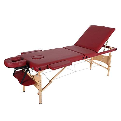 Massage Table Portable 3 Section Folding Couch Bed Lightweight Beauty Salon Tattoo Therapy Wooden Frame - Wine red