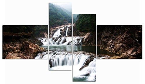 Modern Impressionist Sprayed Wall Art 4 Panles Picture Landscape Waterfall Framed Painting Canvas Living Room Home Decor(40x30cm2&amp;20x60cm2(Framed), Coffe)