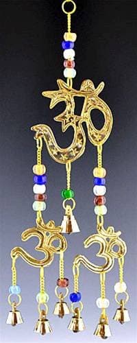 Three Om Symbol Brass Chime with Beads - 12" l