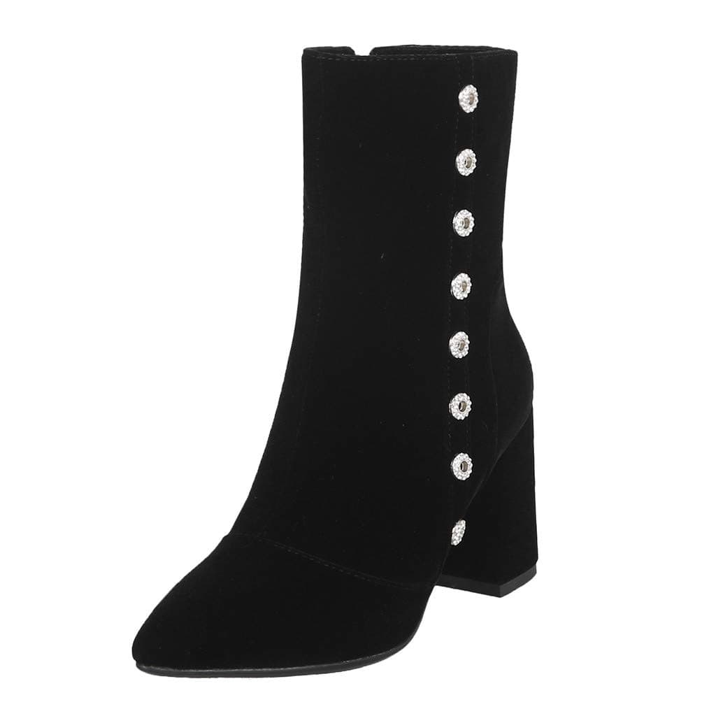 MOTOCO Women Thick High Heel Mid-Length Boots Solid Color Suede Rivet Zipper Booties Non Slip Shoes Ankle Boots