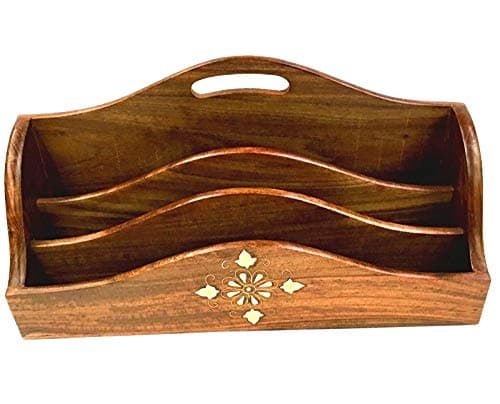 The Blue Mango Shesham Wood 3 compartment letter rack with brass inlaid decoration