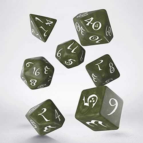 Q WORKSHOP Classic Olive & White RPG Ornamented Dice Set 7 polyhedral Pieces