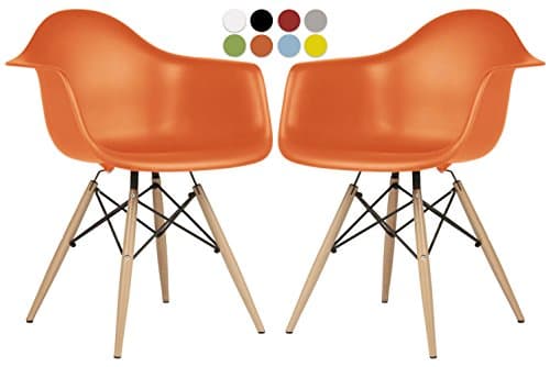 Eames Style Chair by La Valley - Set Of 2 - Mid Century Modern Eames Molded Armchair with Dowel Wood Eiffel Legs - for Dining Room, Kitchen, Bedroom, Lounge - Easy-Assemble &amp; Clean - Orange