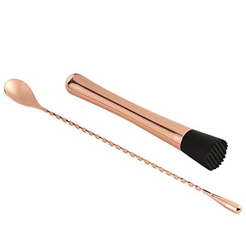 ALOONO Stainless Steel Cocktail Muddler Set by 8" Drink Muddler and 12" Cocktail Mixing Spoon - Professional Bar Tool Set - Copper Plated