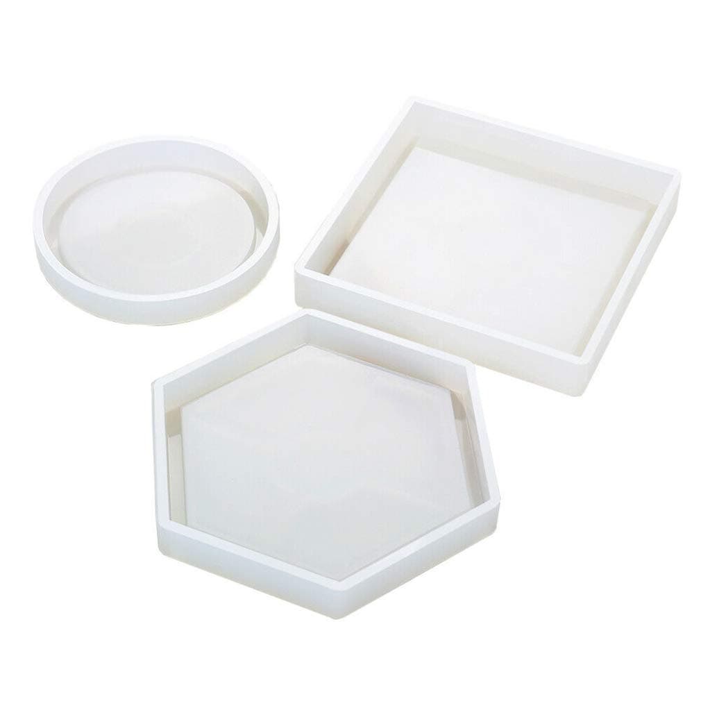 3pcs Resin Silicone Mold,Coaster Molds Include Round, Square,Hexagon,for DIY Coaster/Flower Pot/Ashtray/Pen Candle Soap Holder