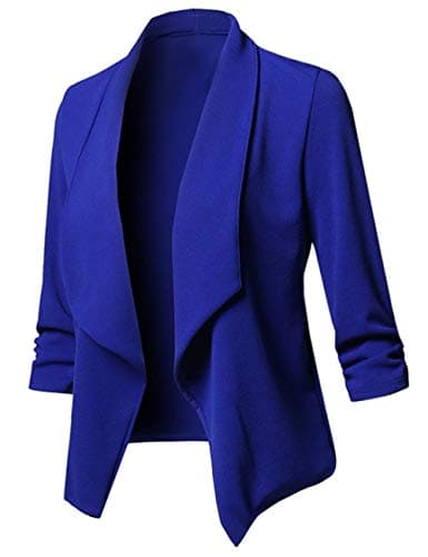 Uranus Women's Stretch 3/4 Gathered Sleeve Open Blazer Jacket Lightweight Work Office Blazer Jacket