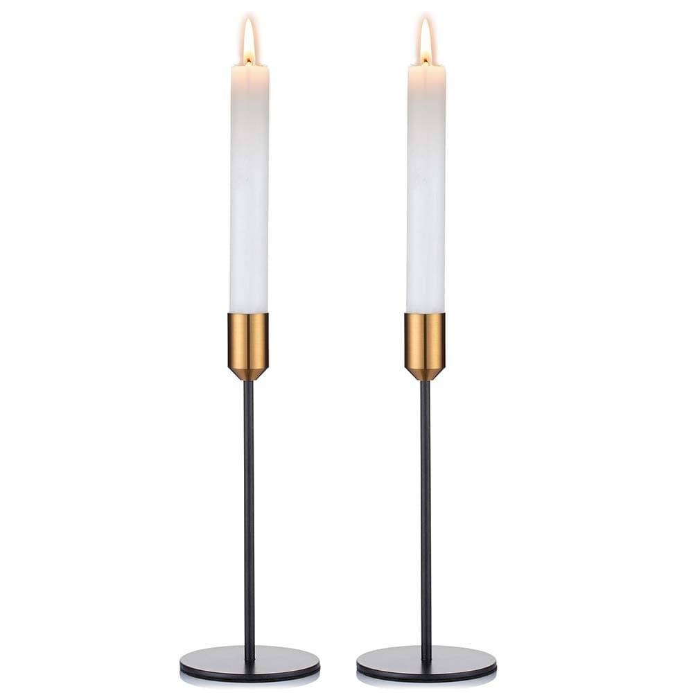 Nuptio Candle Stick Stands Tall - Thin Candle Holders Black & Gold, Elegant Candlesticks Holder Metal for Table Centerpieces Ornaments Halloween Dinner Banquet Valentines Home Decor, 2 Pieces