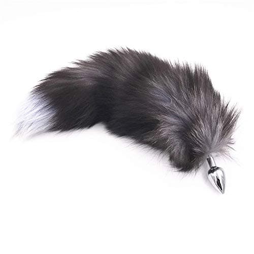 Fluffy Gray Fox Tail Stainless Steel Fun Plug Fur Cosplay Toy for Women Men