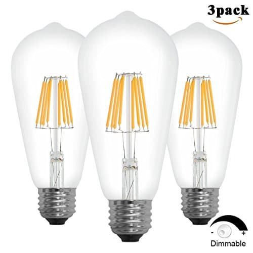 Santaro 8W 3pack Warm White Dimmable Edison Vintage LED Filament Bulb - Soft White Replace 60W Incandescent, E26 110V 80Ra LED Edison Style Retro ST64