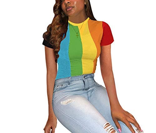 Womens Long Sleeve Turtleneck Pullover Shirt Rainbow Stripe Print Slim Fit Blouse Top