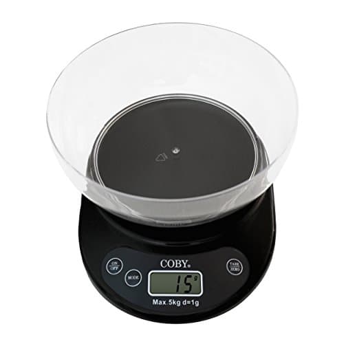 Coby Digital Tempered Glass Multifunction Kitchen and Food Scale With Removable Bowl, TARE Function, 11 Pounds, Modern Sleek Black