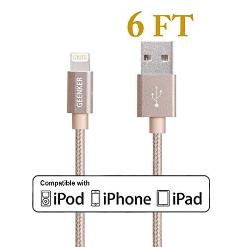 Lightning Cable, GEENKER 6FT Extra Long Nylon Braided 8 Pin USB Charging Cord for Apple iPhone 7/7 plus, 6/6s/6 plus/6s plus, 5c/5s/5/se, iPad Air/Mini, iPod Nano/Touch on iOS9. - Gold