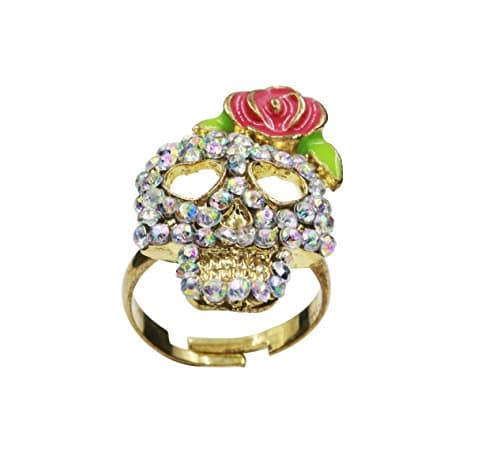 18k Gold Plated Crystal Resizable Skull Ring with Heart Shaped Eyes and Red Rose