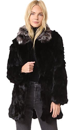 Adrienne Landau Women's Rabbit Coat With Fox Collar, Black, Large