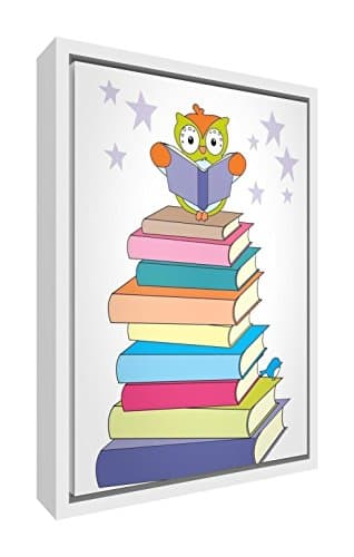Feel Good Art Eco-Printed & Framed Nursery Canvas with Solid White Wooden Frame &Lt;Wally The Owl on a Stack of Books&Gt; Multicoloured, 34 x 24 x 3cm (Small)