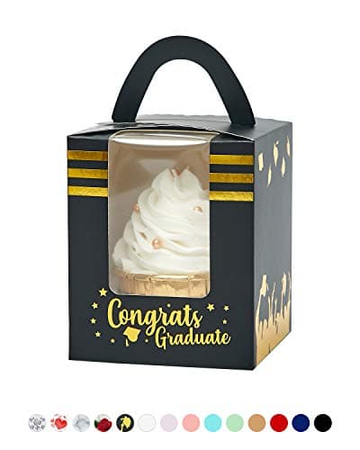 Yotruth Black and Gold Stamping Cupcake Boxes with Academic Hats Tassels Cap for School Graduation Favor 50 Sets (Choice Series)