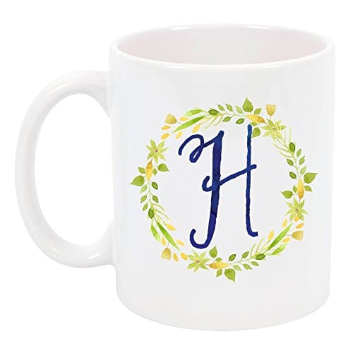 High Tide Mugs Monogram H Letter Initial Floral Design Ceramic Coffee Mug, Personalized Gift Under 20, 11 oz.
