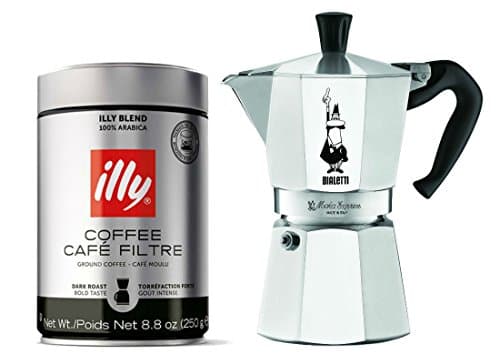 Bialetti 6 Cup Moka Express & Illy Dark Roast Espresso Ground Coffee Can 8.8 Oz