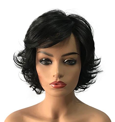 Wiginway Medium Length Black Curly Wigs side part Bangs Natural Full Synthetic Women Wigs Fashion 8 Inch