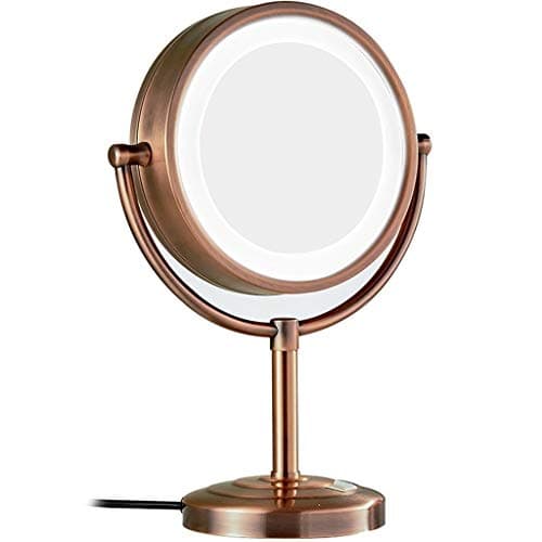 WUDHAO Wall-Mounted Vanity Mirrors Desktop LED Makeup Mirror Red Copper 8.5 Inch Beauty Mirror Double Side Rotating 5X Magnifying Mirror (Color : Red Copper, Size : 8.5 inches 5 X)