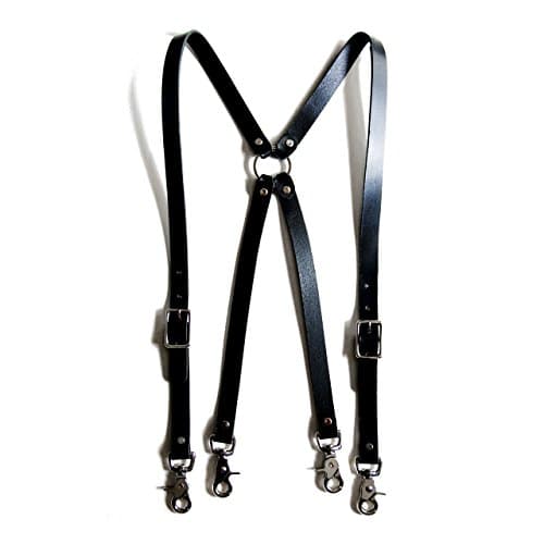 Black Leather Suspenders with Silver Hardware -- X-Back Style