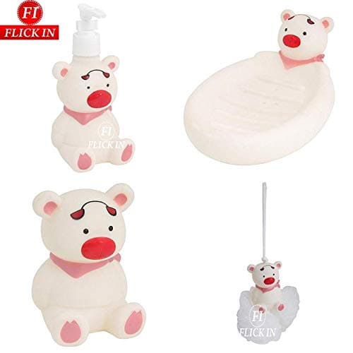 Bear Character Bathroom Set for Kids by Flick In | Soap Dispenser Dish Loofah Toothbrush Holder Bathroom Set for Kids | Bath Toy Pack of 4 (White)