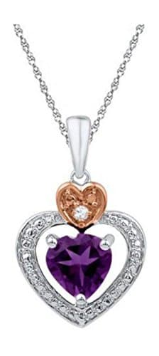 0.76 cttw Diamond Rose Gold Flashed Sterling Silver Amethyst Purple Heart Diamond Necklace, 18" Chain