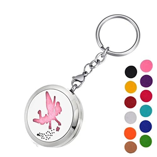 DIB Aromatherapy Essential Oil Diffuser Key Chain-Fairy Stainless Steel Locket Pendant Keychain,12 Refill Pads