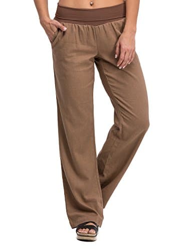Poplooks Women's Comfy Fold Over Linen Pants Mocha Large