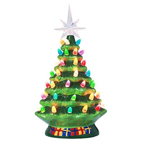 10 Inch Pre-Lit Hand-Painted Ceramic Vintage Tabletop Artificial Tree Decor with Multicolored Lights, Star Topper Traditional Decoration Green