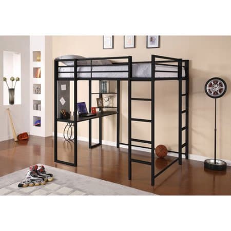 Full Size Metal Loft Bed Over Workstation Desk, Corner Shelves, Black Finish, Sturdy Metal Frame, Two Ladders, Multi-Functional, Space Saving Design, Bundle with Expert Guide for Better Life