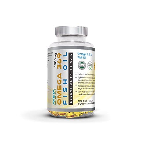 Omega 3 6 9, 120 Softgels High Strength 1000mg, Essential Fatty Acids, Contains Fish Oil, Flaxseed Oil, Sunflower Oil & Vitamin E, High in EPA & DHA, UK Manufactured