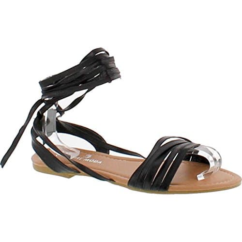 Spirit Moda Olivia-18 Over Toe Strap Sandals Wrap Around Womens Lace-Up Casual Roman Strappy,Black,5.5