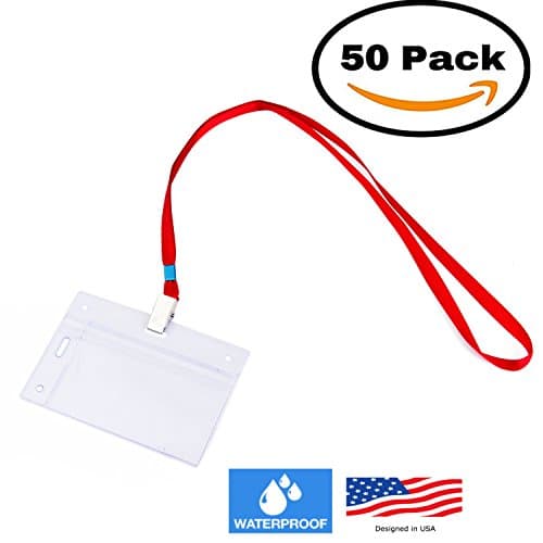 50 VERTICAL &amp; HORIZONTAL Name Tag Holders with Lanyards I Sealable Waterproof Name Badge Holders with Red Clip Lanyards (50 SETS)