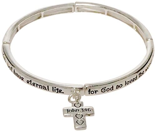 Bracelet - Silver Tone Dangle Cross Bible Scripture Stretch Bracelet - Kiki's John 3:16