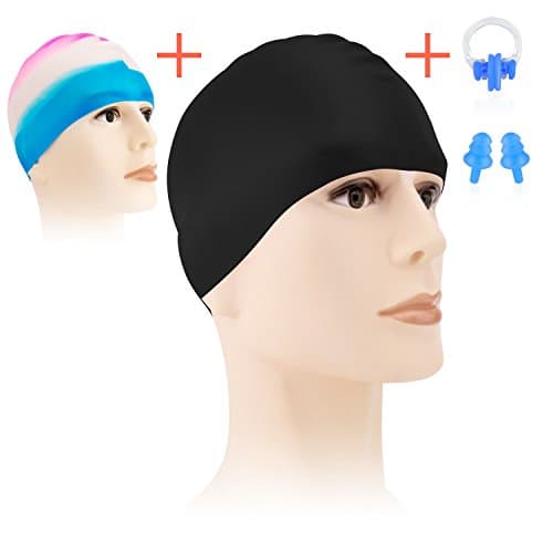 Premium Silicone One size fits all Swim Cap for Men, Women &amp; Youth - Best Swimming Cap to Keep Hair Dry - Free earplug &amp; nose clip !（Contains two swim caps）