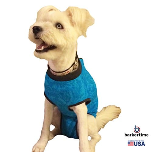 Barkertime Ocean Blue Flower PeeJama E-Collar Alternative Recovery Suit, S - MADE IN USA - For Post-Surgical Wound Care, Hot Spot Treatment, Anti-Anxiety Relief, Incontinence, Heat