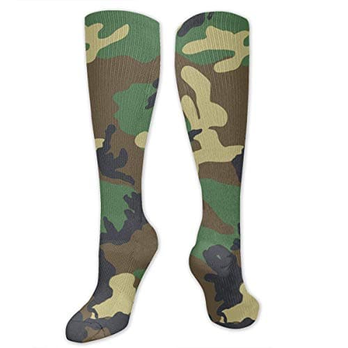 Army Green Camouflage Pattern Polyester Cotton Over Knee Leg High Socks Vintage Unisex Thigh Stockings Cosplay Boot Long Tube Socks for Sports Gym Yoga Hiking Cycling Running Football