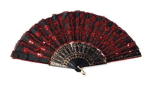 yinxiaoda 1pc Embroidered Flower Pattern Black Cloth Folding Hand Fan for Woman,red