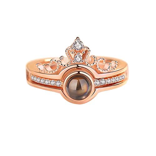 2 in 1 100 Languages I Love You Romantic Ring Gold Sterling Silver Diamond Crystal Crown Princess Rings Jewelry Gift for for Women Girls Lover Couples Decors Engagement Wedding Mother's Day Presents